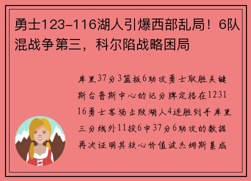 勇士123-116湖人引爆西部乱局！6队混战争第三，科尔陷战略困局