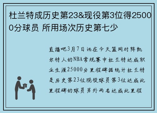 杜兰特成历史第23&现役第3位得25000分球员 所用场次历史第七少